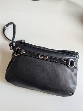 Coach Black Leather Wristlet Clutch Silver Hardware Zip Pouch